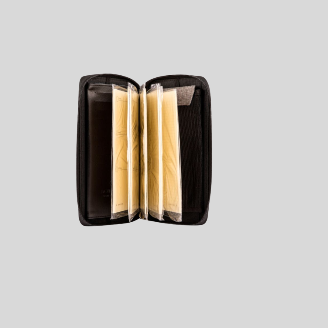 An opened rectangular wallet with its pages still in plastic packets.