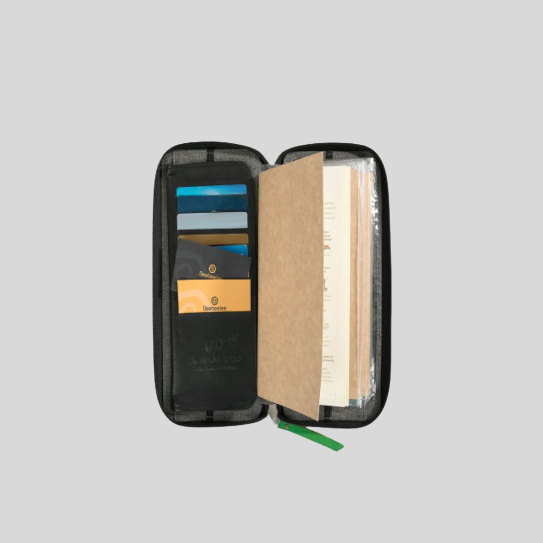 A opened notebook plus purse with cards in a card compartment and notebook pages half opened.