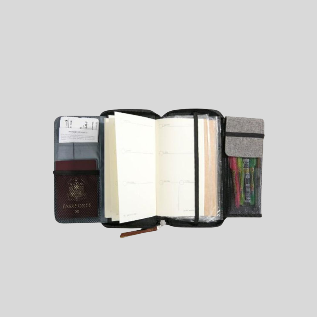 An opened multifunctional wallet, travel diary, and passport holder opened wide and displaying a passport inside a mesh compartment, blank cream-colored pages, a boarding ticket inside a compartment, and pens inside a built-in pencil case.