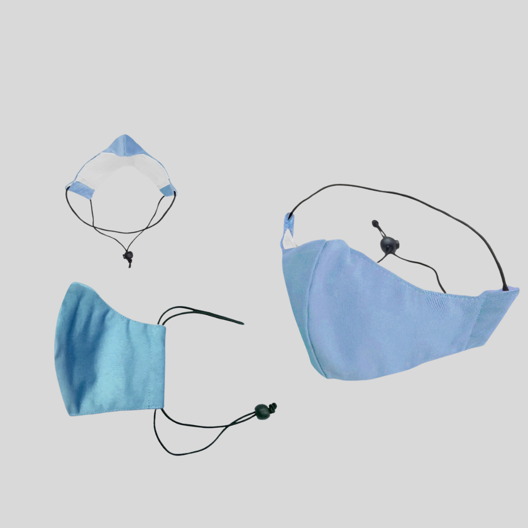 three angles of a sky blue fabric cloth mask with drawstring straps for security.