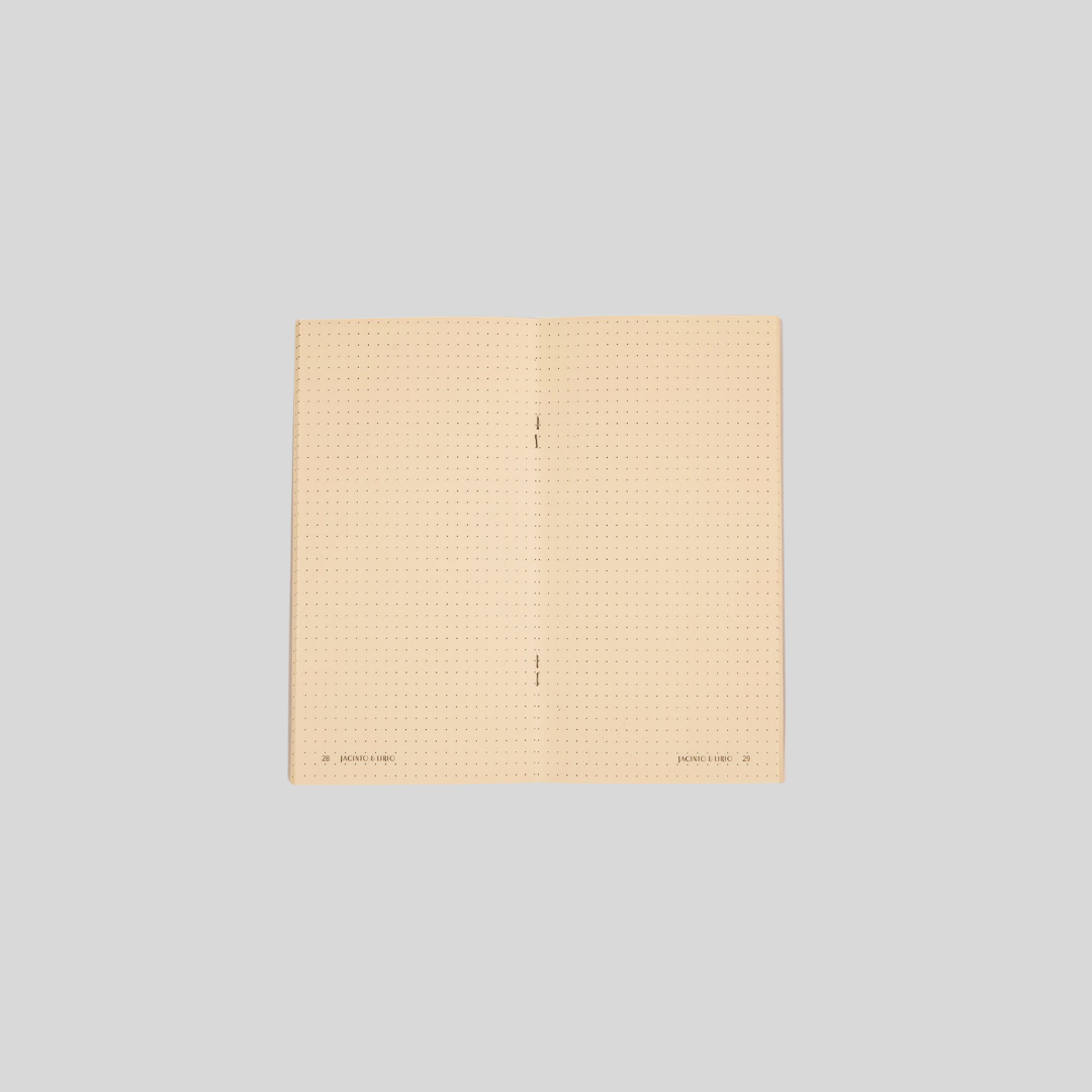 An opened notebook with cream colored and dotted line pages.