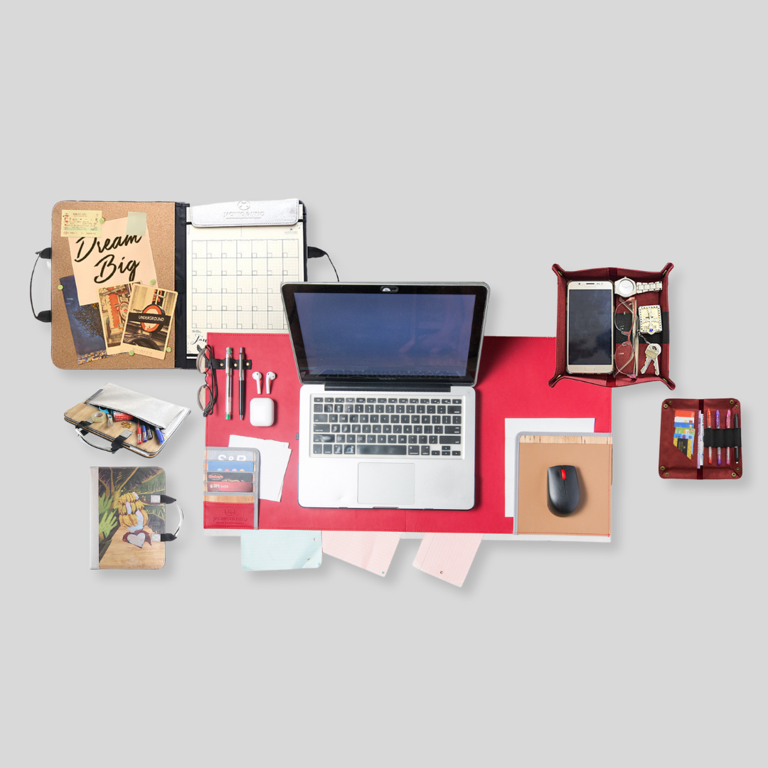 Desk Essentials Bundle: Deskmat + Catchall Tray + Desk Cork Board Clipboard Planner