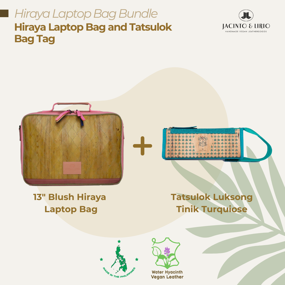A bundle comprised of a 13" Blush Hiraya laptop bag and a Tatsulok vegan leather bag tag in Luksong Tinik Turquoise.