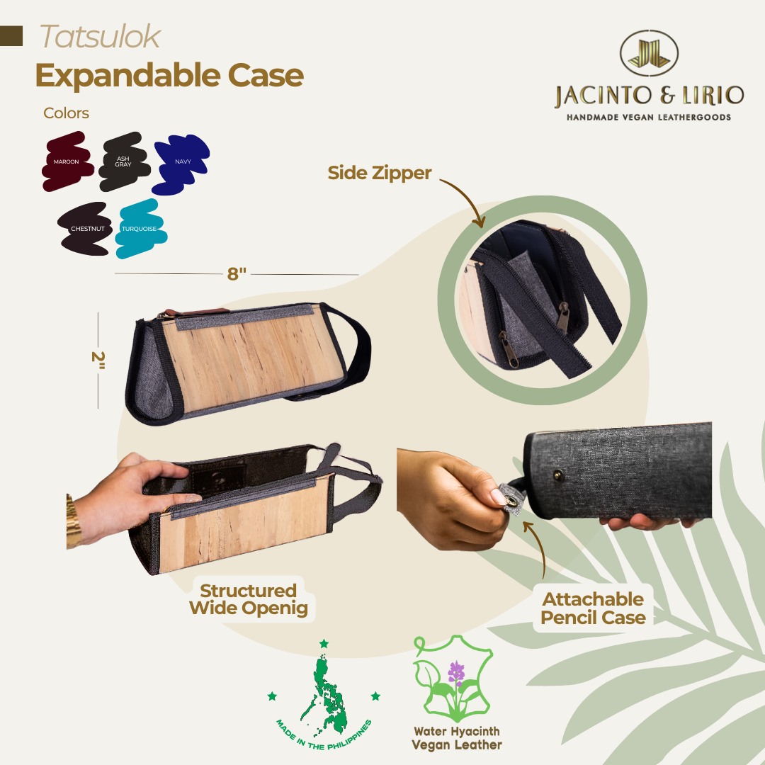Side view of compact Tatsulok expandable case in ash gray designed for travel convenience.