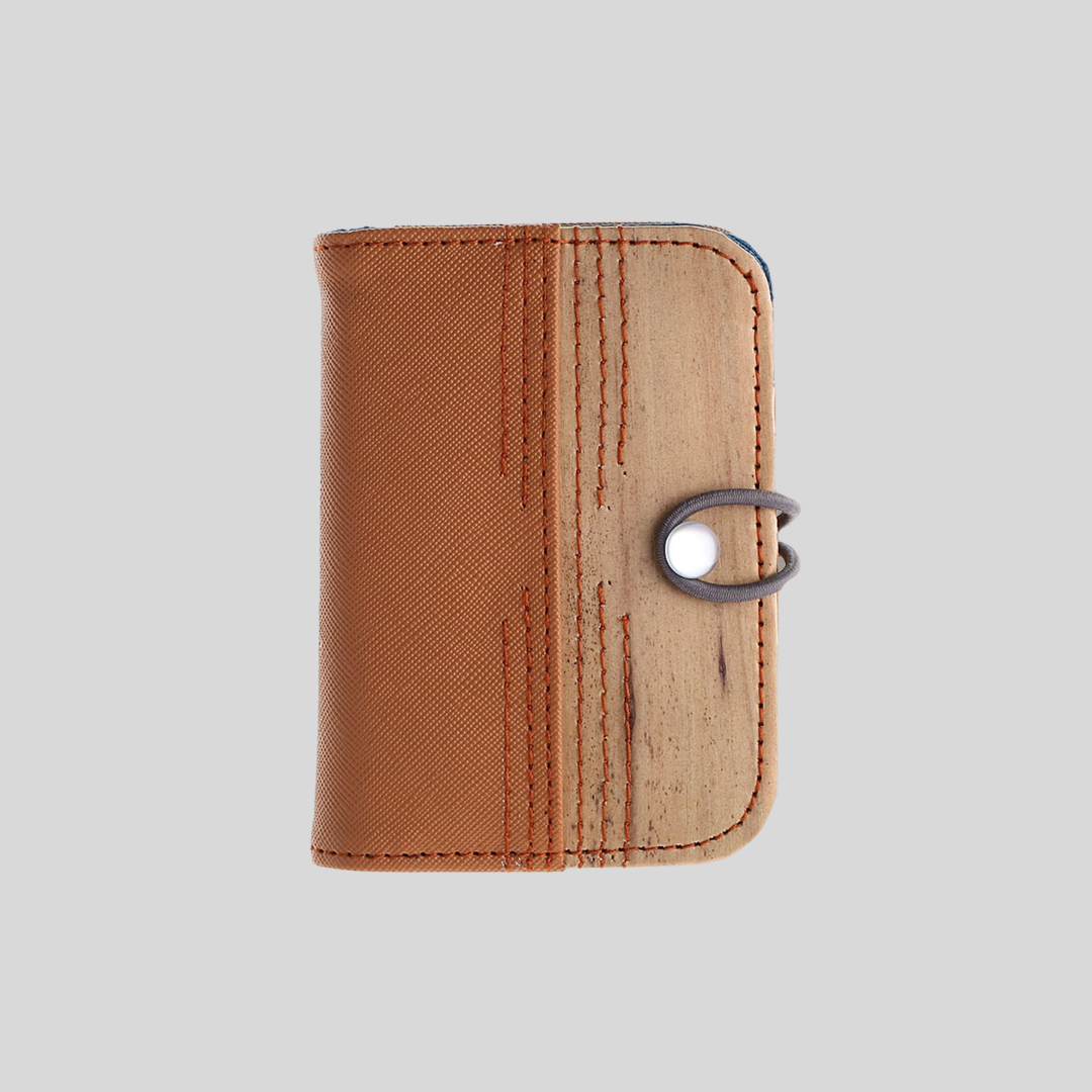 A cute and compact brown vegan leather card wallet with horizontal stitching accents.