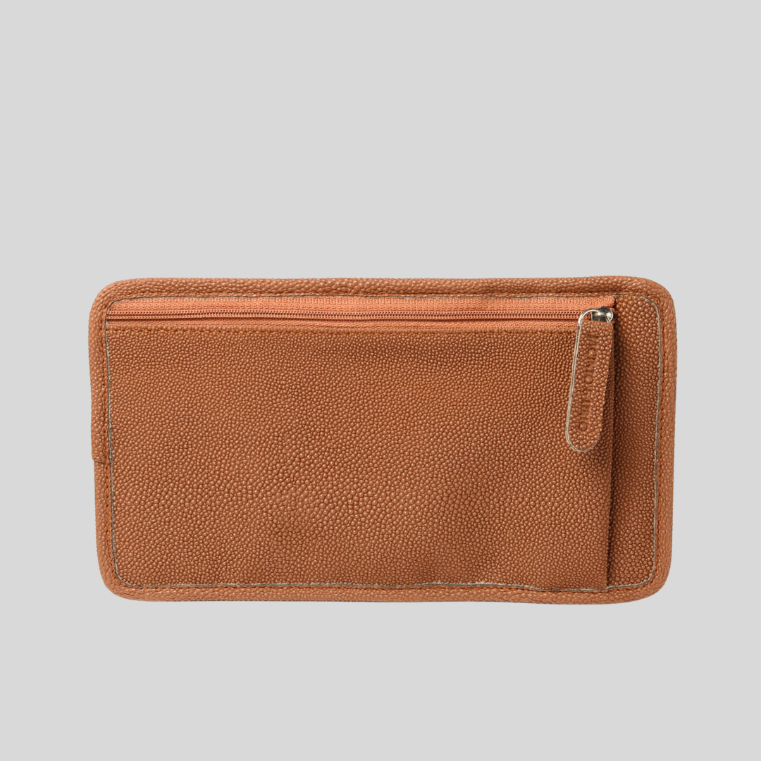 A flat brown vegan leather wallet hat is textured and has a zipper.