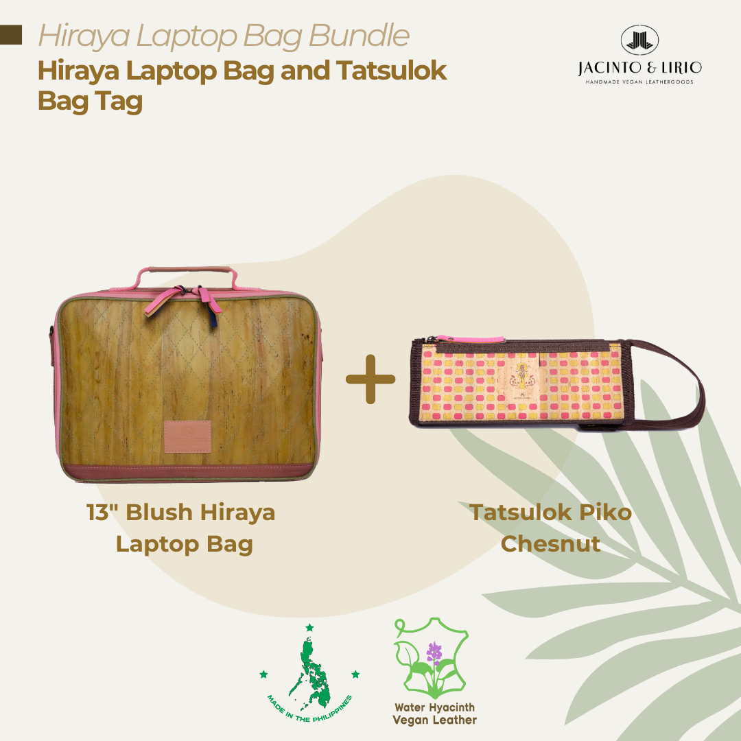 A bundle comprised of a 13" Blush Hiraya laptop bag and a Tatsulok vegan leather bag tag in Piko Chestnut.