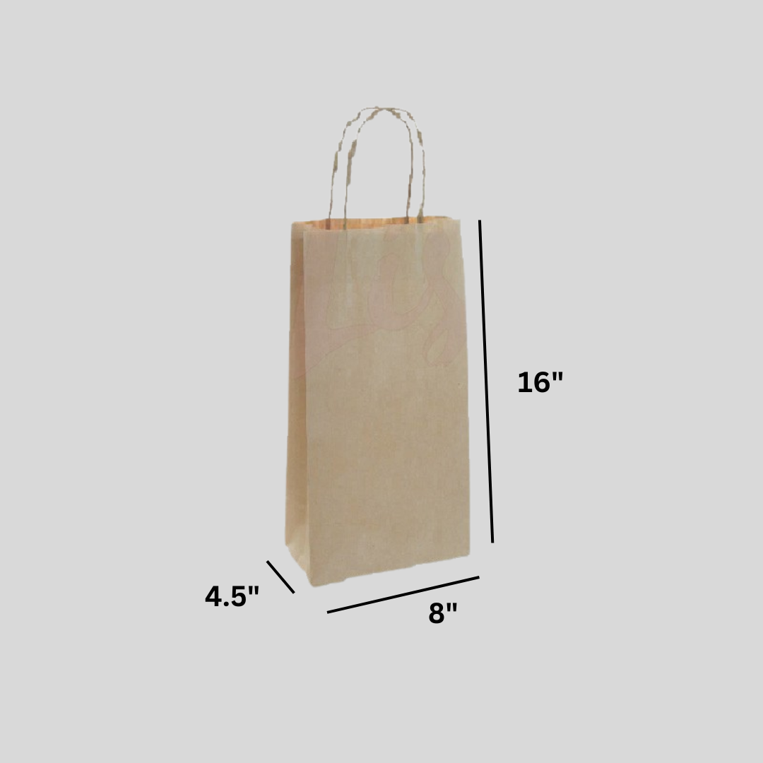 A slim and tall paper bag, perfect for wine bottles and other tall bottles.
