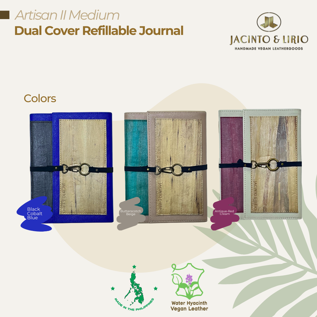 Three vibrant color variations of a dual cover refillable journal made of textured vegan leather.