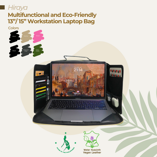 A multi-compartment 13" laptop bag in black made of premium vegan leather.