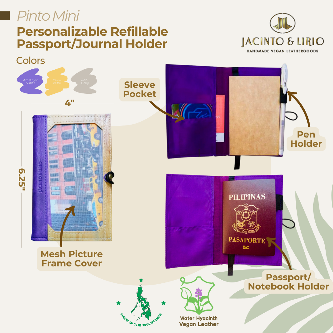 Front and inner view of a personalizable passport or journal holder in amethyst violet.