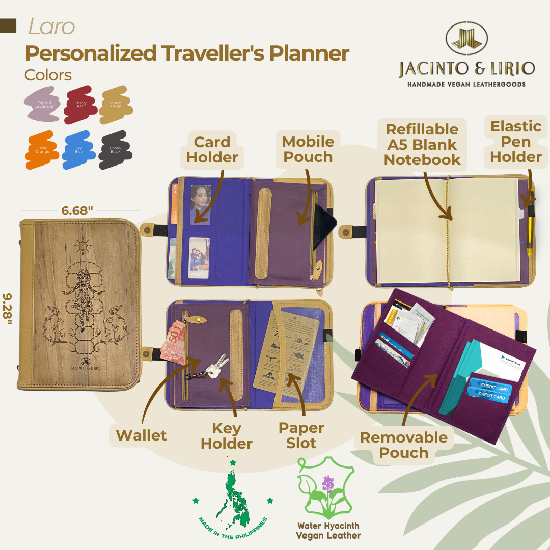Front view of a multifunctional planner with a piko engraving and scotch beige exterior containing an interior space for cards, phones, pens, and an A5 notebook.