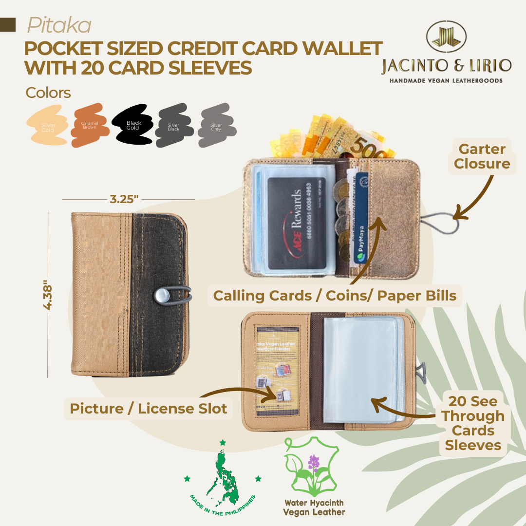 A brown and black credit card wallet that can fit 20 cards, made of vegan leather.