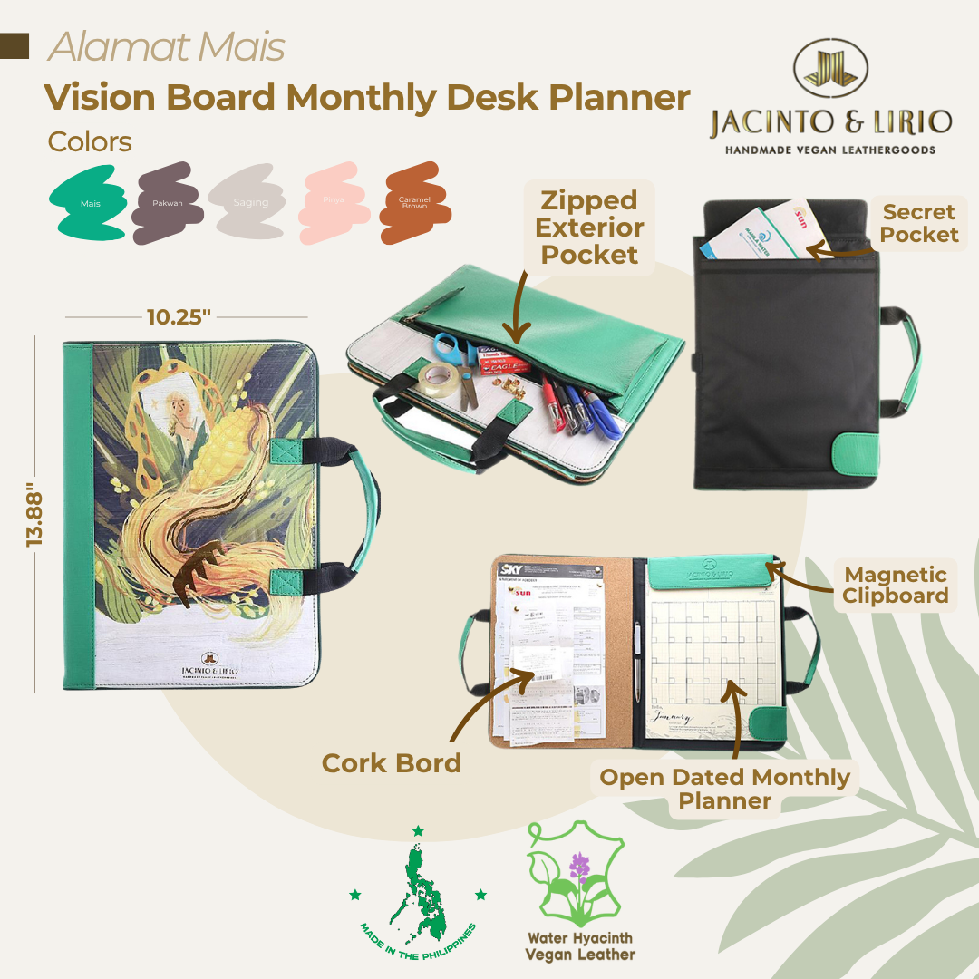 Multifunctional desk planner in Alamat ng Mais variation with magnetic clipboard and pockets for easy storing of valuables.