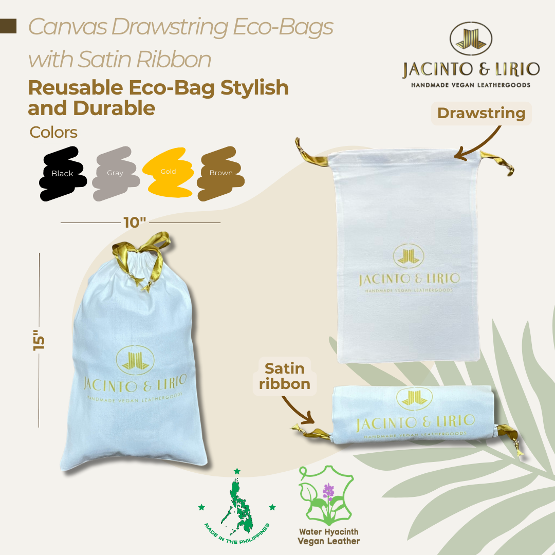 Stylish 10 x 15 reusable canvas drawstring with gold satin ribbon.