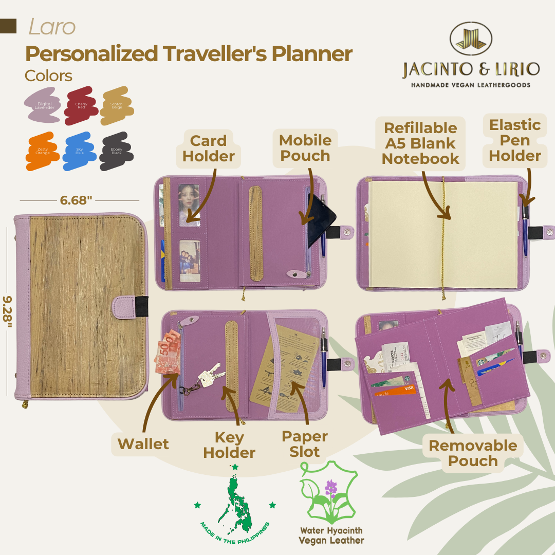 Front view of a multifunctional planner with a digital lavender exterior containing an interior space for cards, phones, pens, and an A5 notebook.