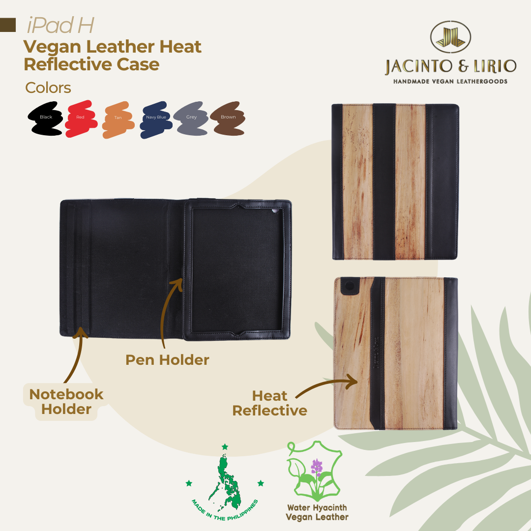 Front, inner, and back view of the heat reflective iPad case in black featuring a dedicated pen and notebook holder.