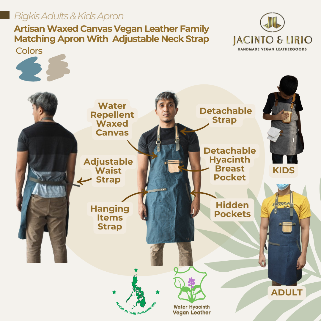 Front and back view of blue waxed canvas vegan leather apron in both adults and kids size.