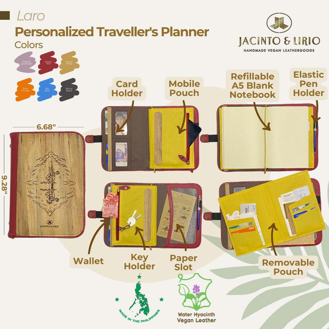 Front view of a multifunctional planner with a langit lupa engraving and cherry red exterior containing an interior space for cards, phones, pens, and an A5 notebook.