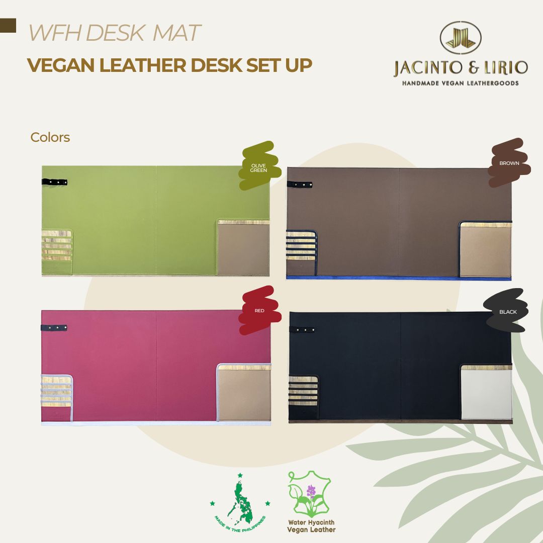 Four vibrant color variations of a vegan leather desk mat with built-in card and paper holders.