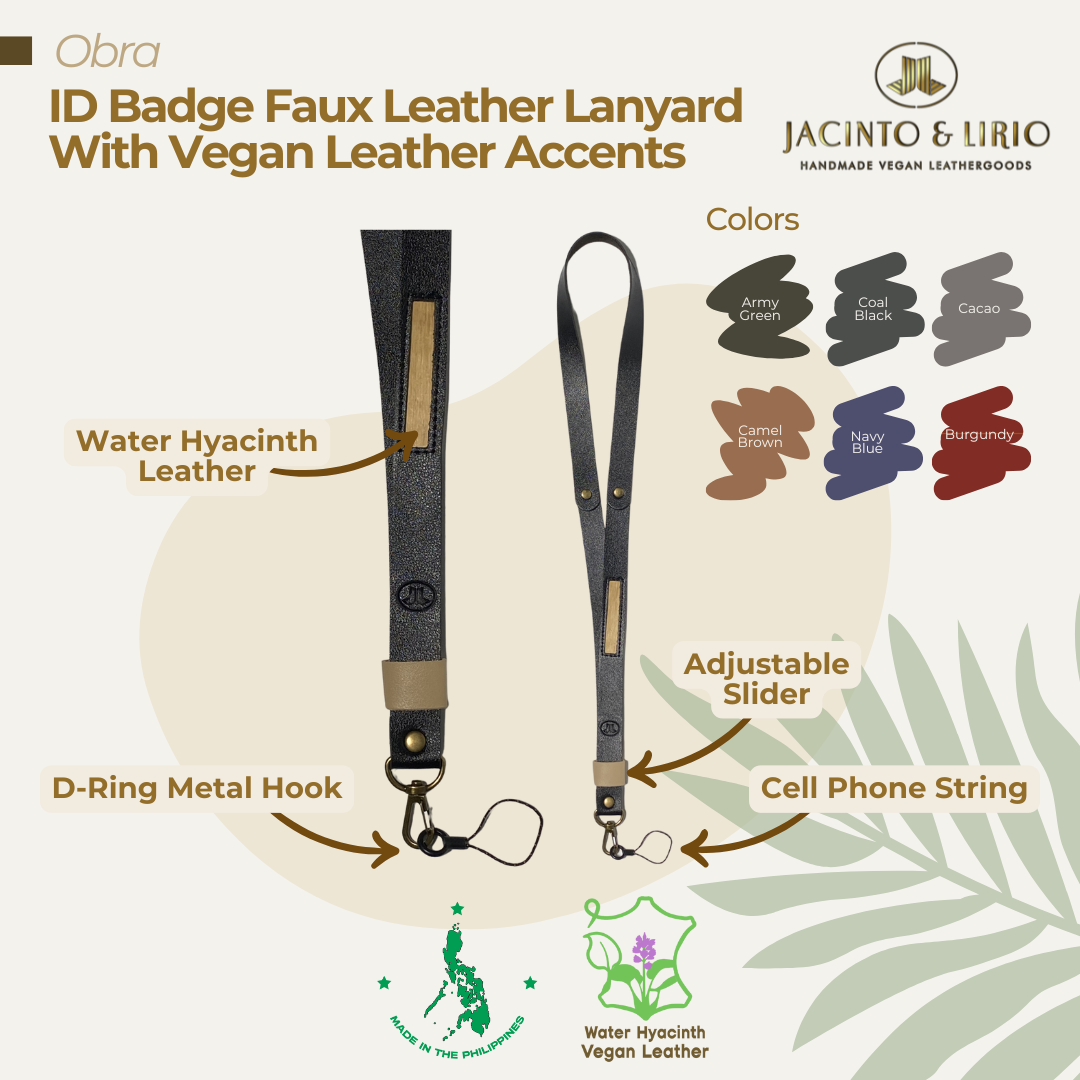Faux leather ID lanyard in coal black with a durable hook to hold valuables while on-the-go.