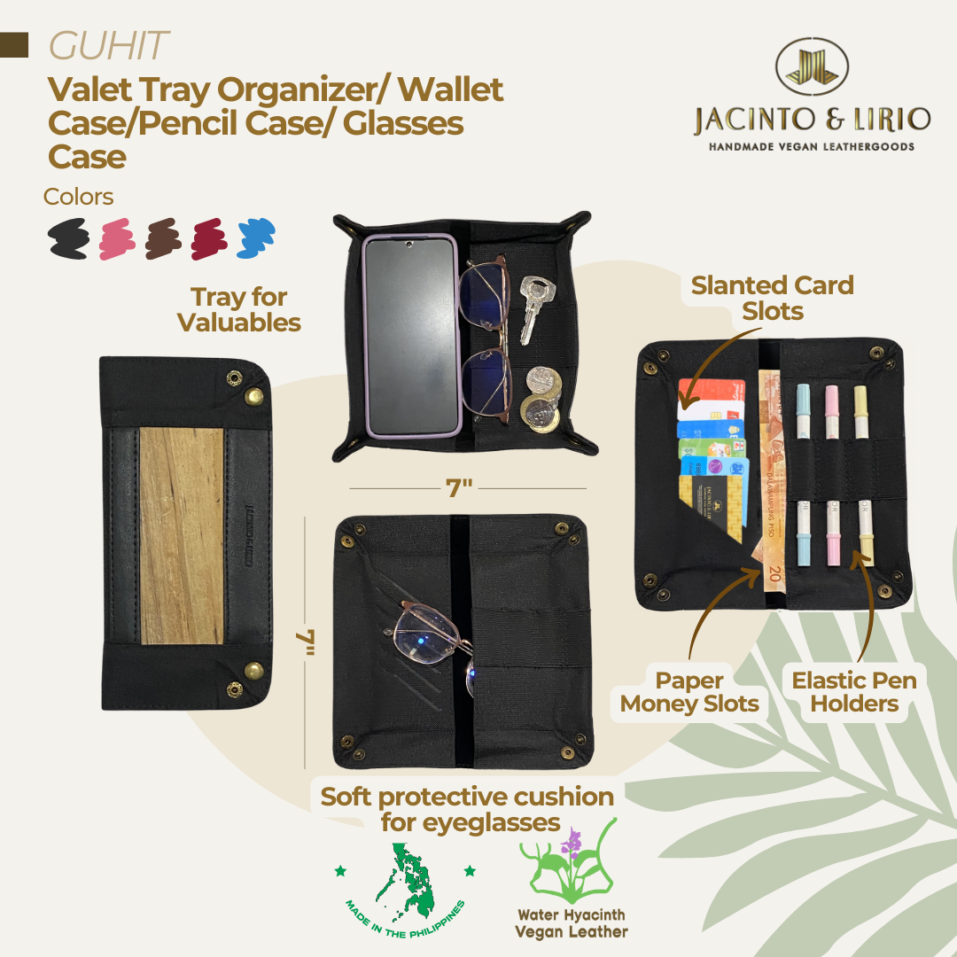 Front and inner view of tray organizer with inner compartment for cards in black.