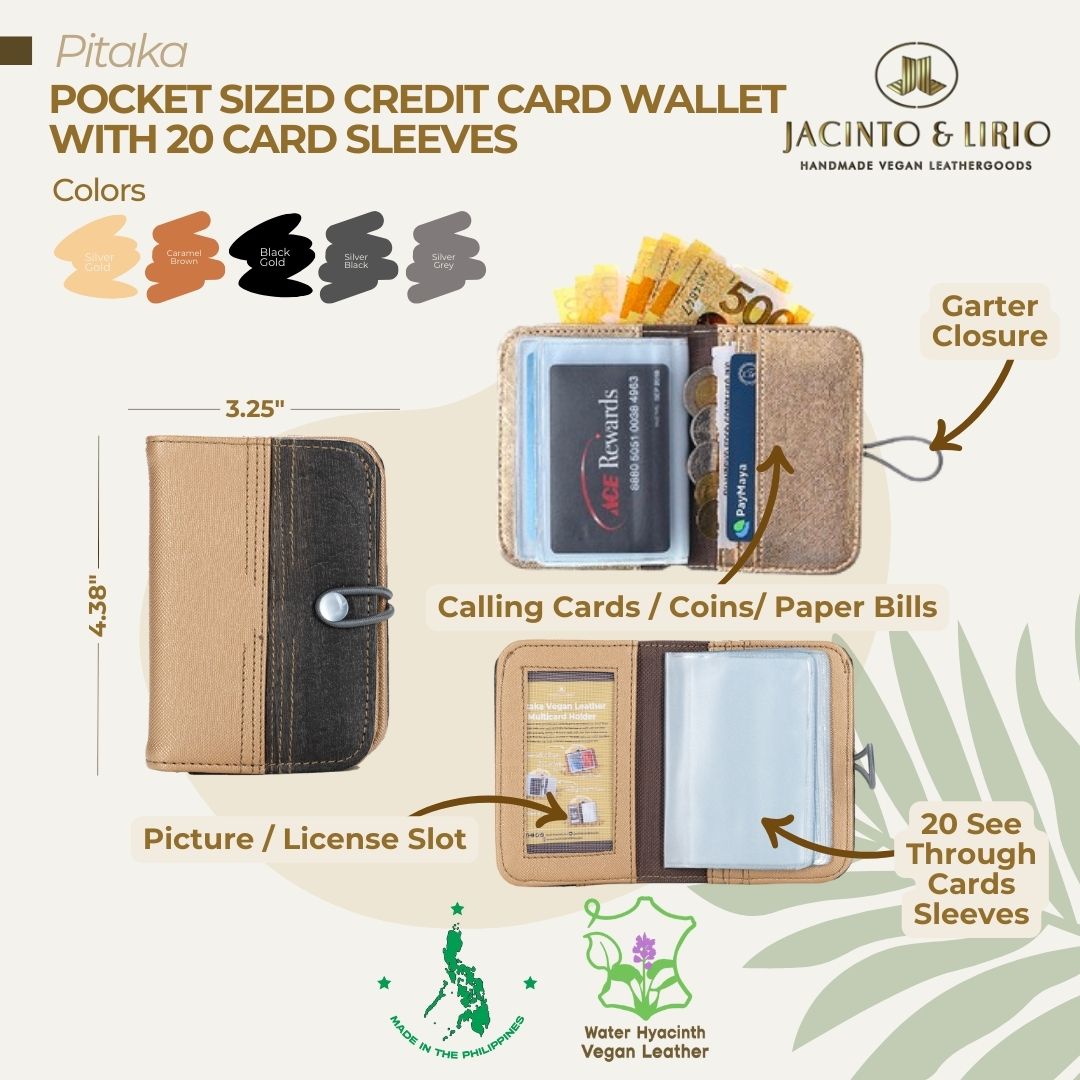 A brown and black pocket-sized credit card wallet with 20 card sleeves