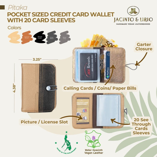 A brown and black pocket-sized credit card wallet with 20 card sleeves