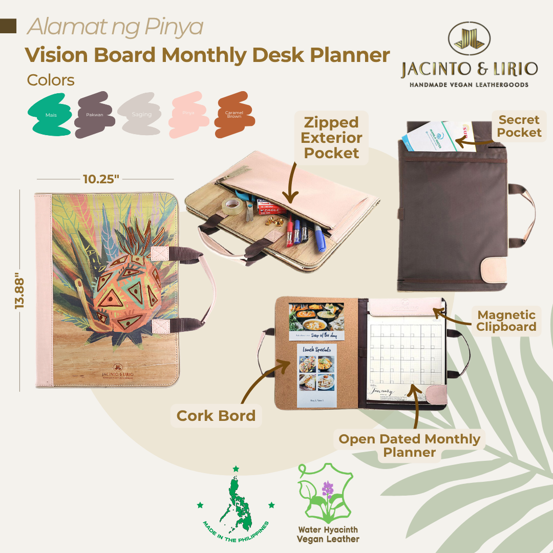 Multifunctional desk planner in Alamat ng Pinya variation with magnetic clipboard and pockets for easy storing of valuables.