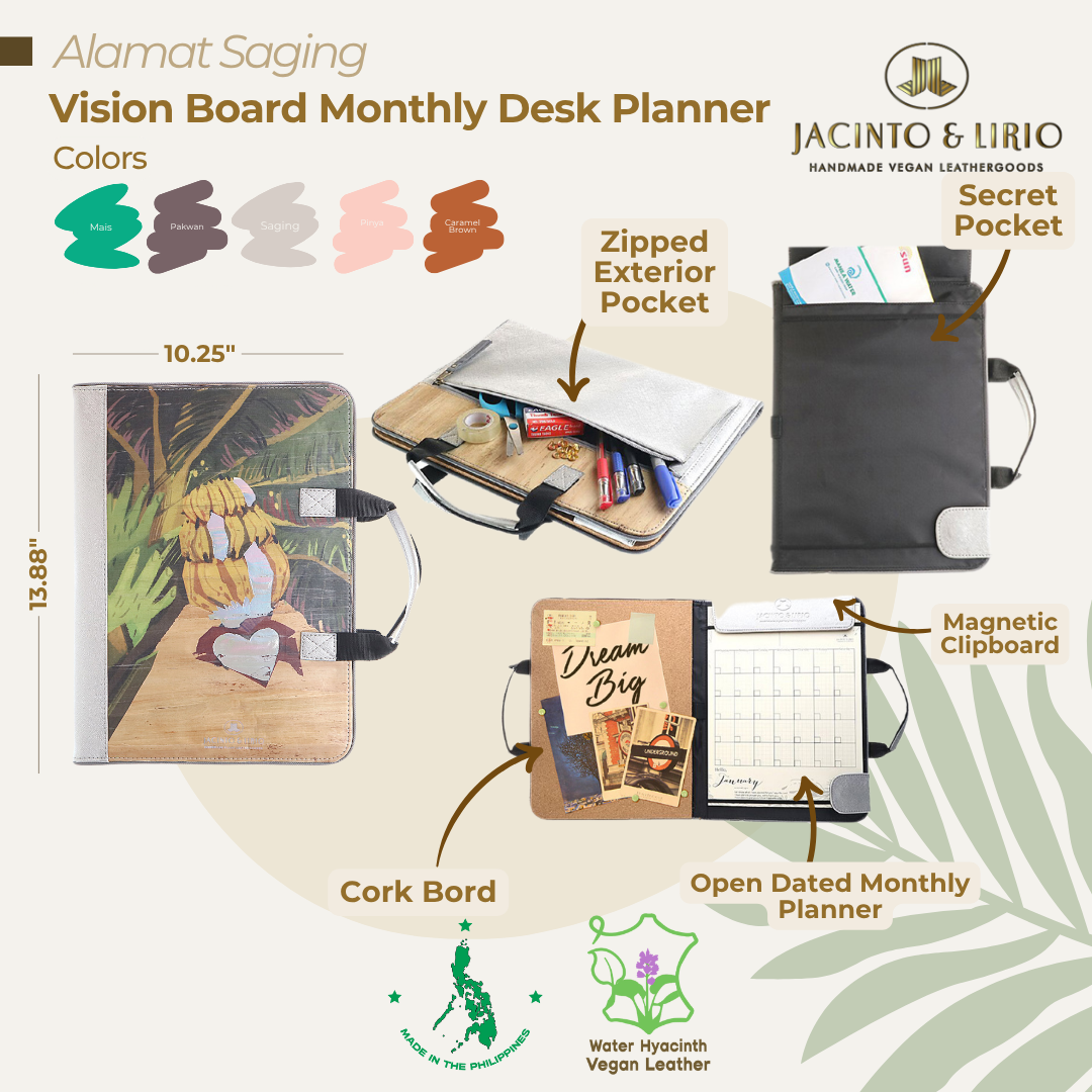 Multifunctional desk planner in Alamat ng Saging variation with magnetic clipboard and pockets for easy storing of valuables.