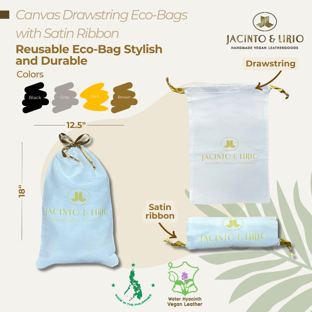 Stylish 12.5 x 18 reusable canvas drawstring with brown satin ribbon.