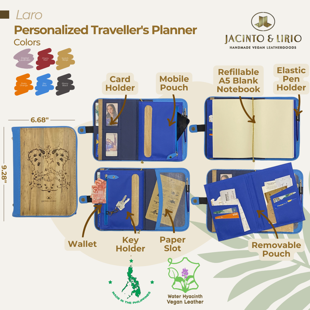Front view of a multifunctional planner with a luksong tinik engraving and sky blue exterior containing an interior space for cards, phones, pens, and an A5 notebook.