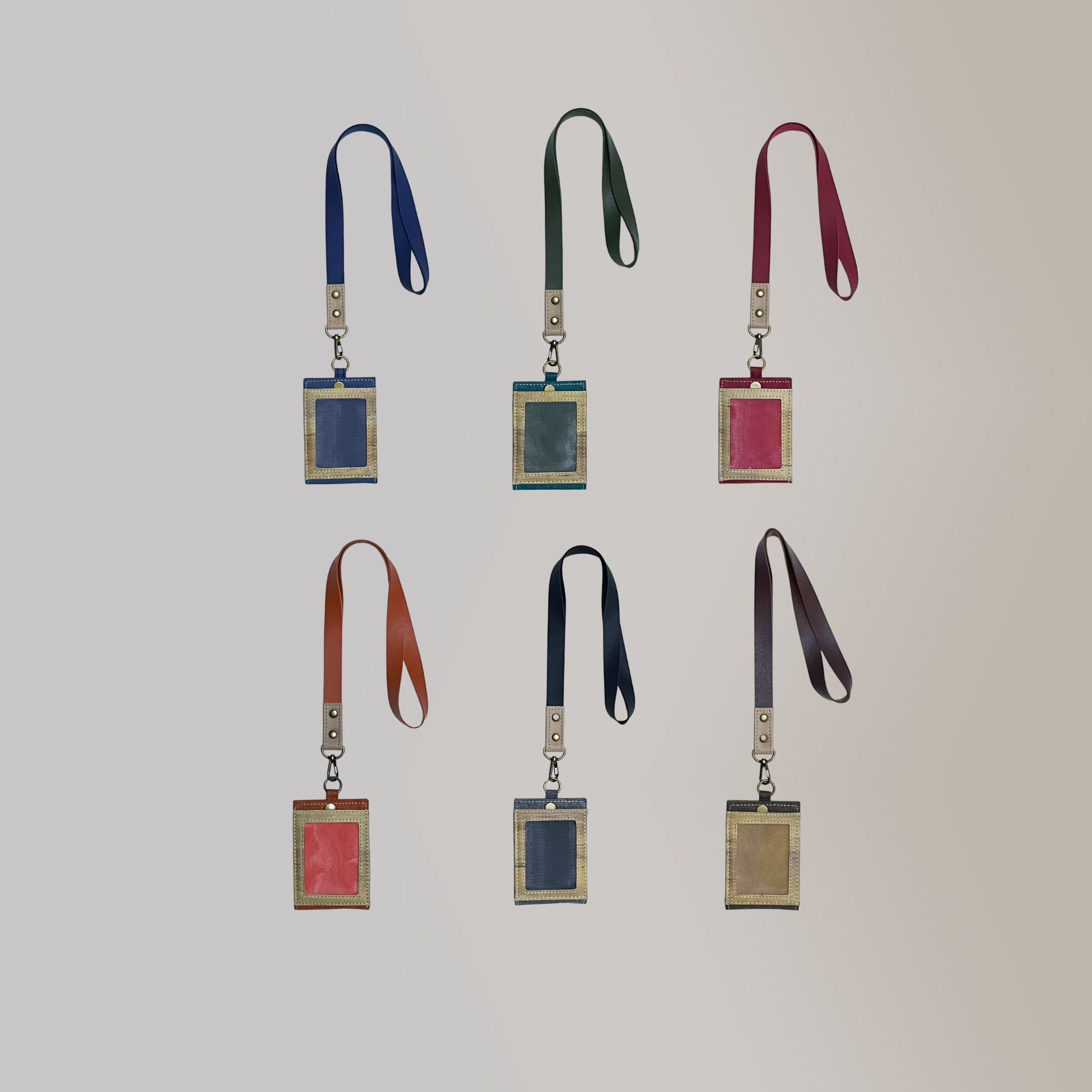 6 differently-colored high quality vegan leather ID lanyards.