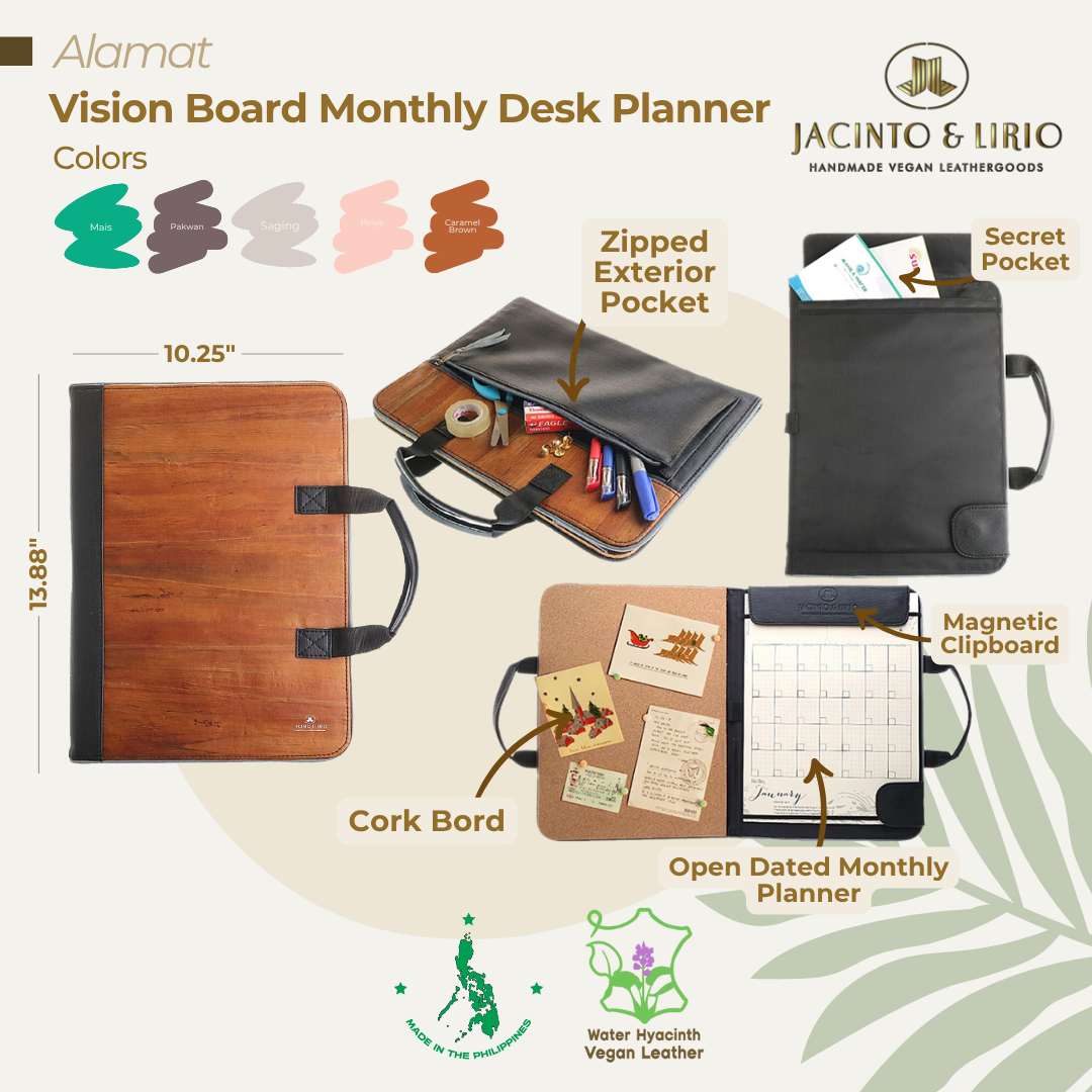 Multifunctional desk planner in Caramel Brown variation with magnetic clipboard and pockets for easy storing of valuables.