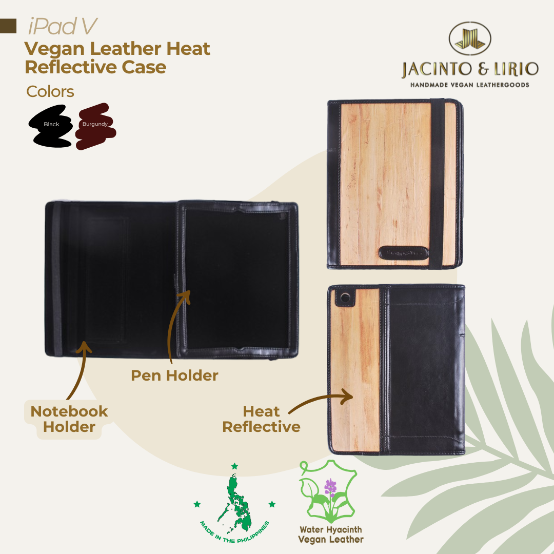 Front, inner, and back view of the heat reflective iPad case in black featuring a dedicated pen and notebook holder.