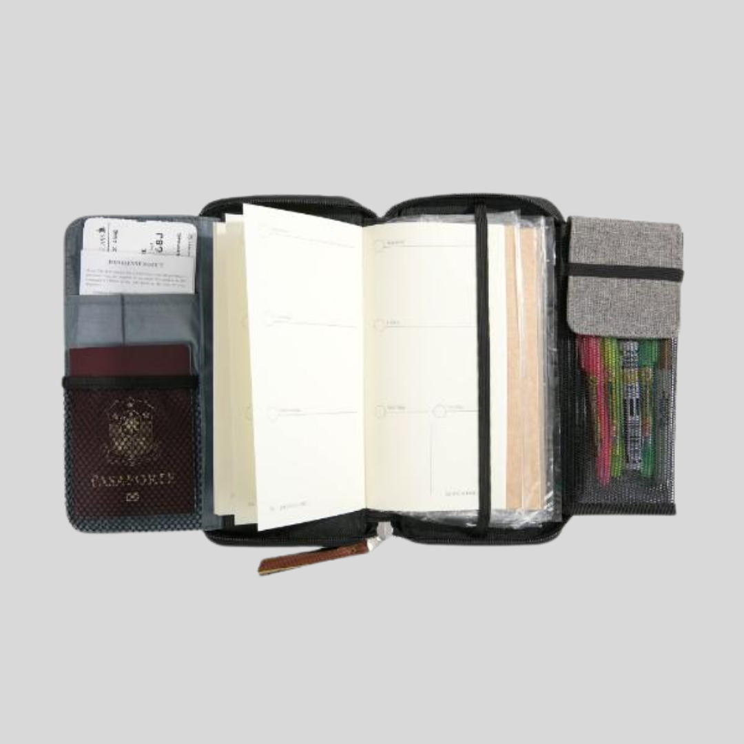 A rectangular notebook that also has a built-in pencil case and passport holder right next to it.