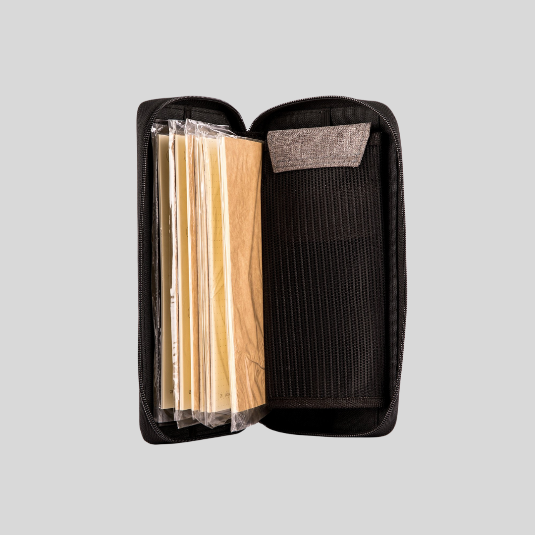 A wallet with page inserts in plastic packaging inside it.