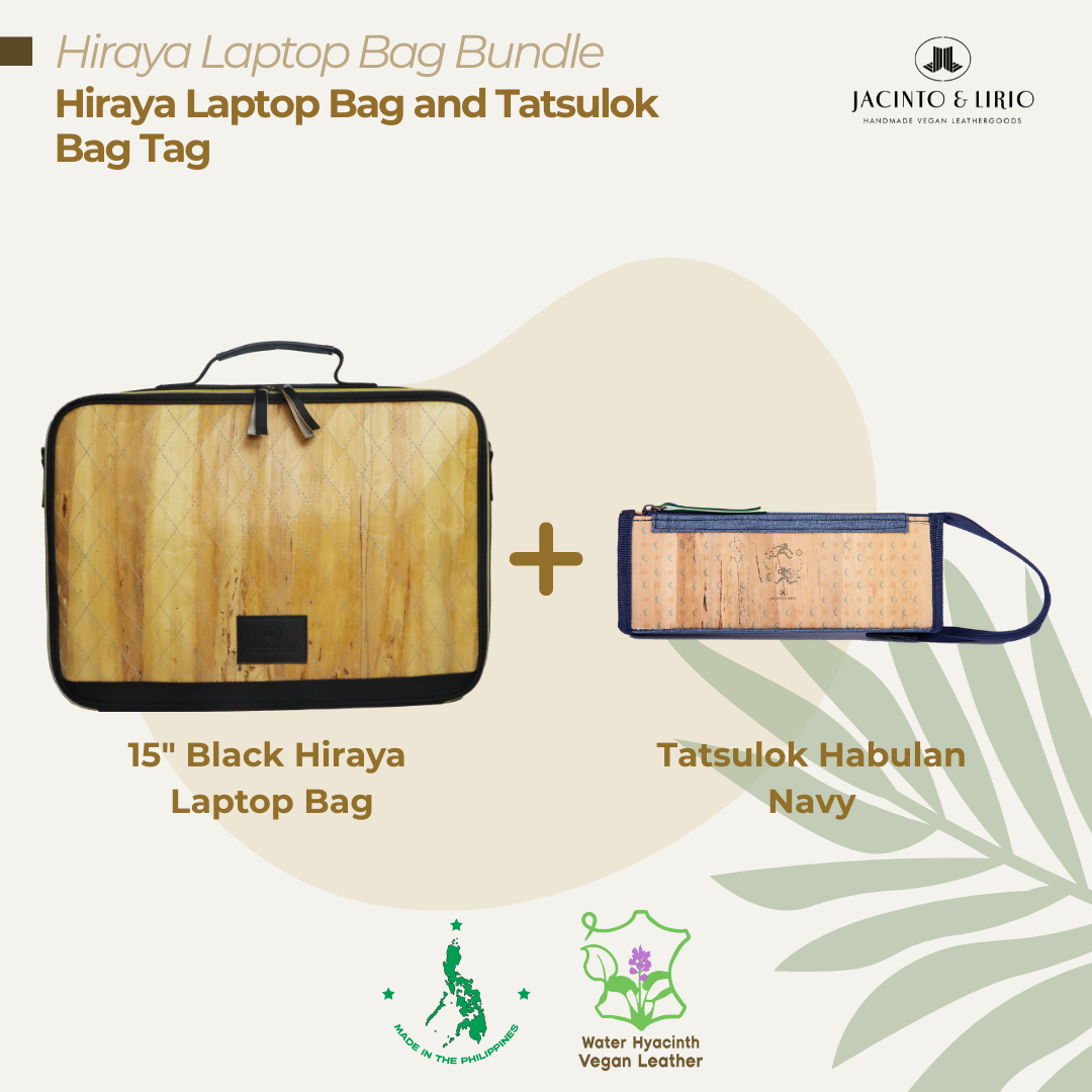 A bundle comprised of a 15" Black Hiraya laptop bag and a Tatsulok vegan leather bag tag in Habulan Navy.