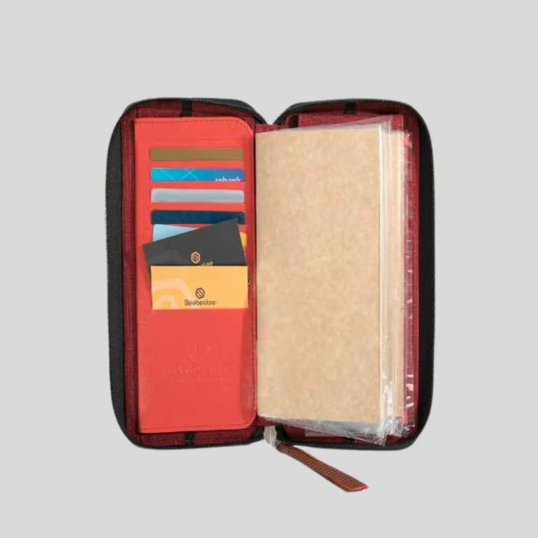 A red leather zipped wallet has slots for page inserts.