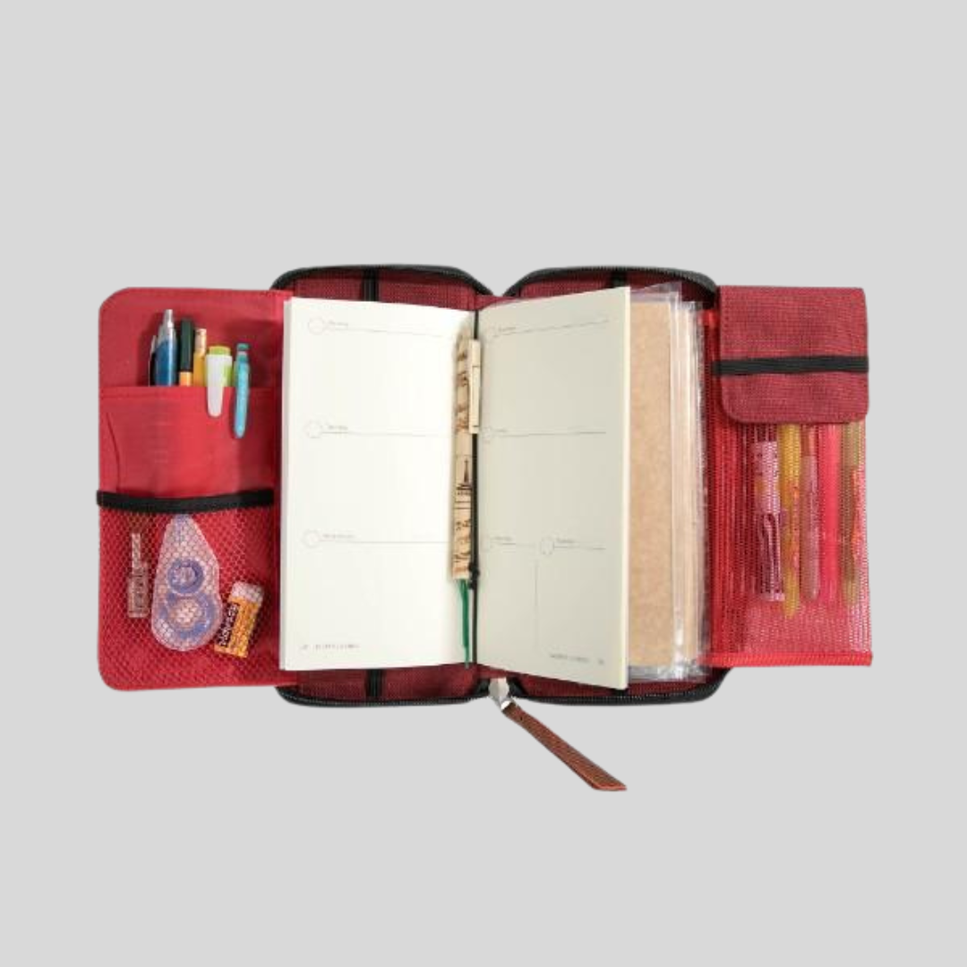 A multi-use zipped rectangular notebook that has pockets for pens and school materials as well as an in-built pencil case.