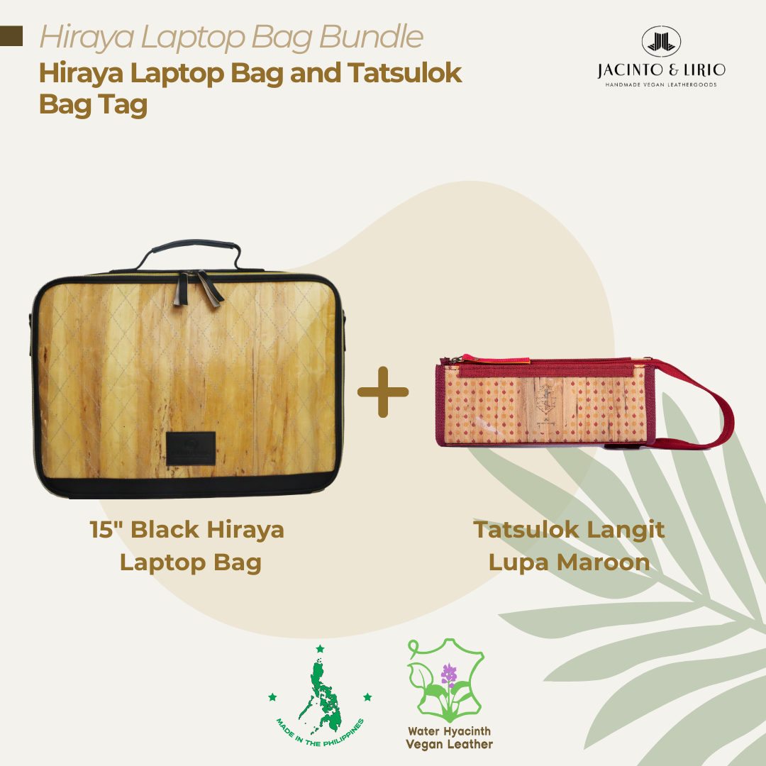A bundle comprised of a 15" Black Hiraya laptop bag and a Tatsulok vegan leather bag tag in Langit Lupa Maroon.
