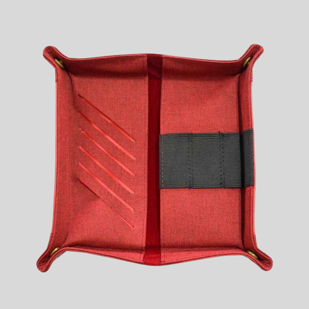 A red vegan leather tray with pen slots.