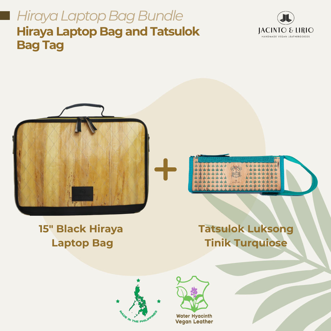 A bundle comprised of a 15" Black Hiraya laptop bag and a Tatsulok vegan leather bag tag in Luksong Tinik Turquoise.