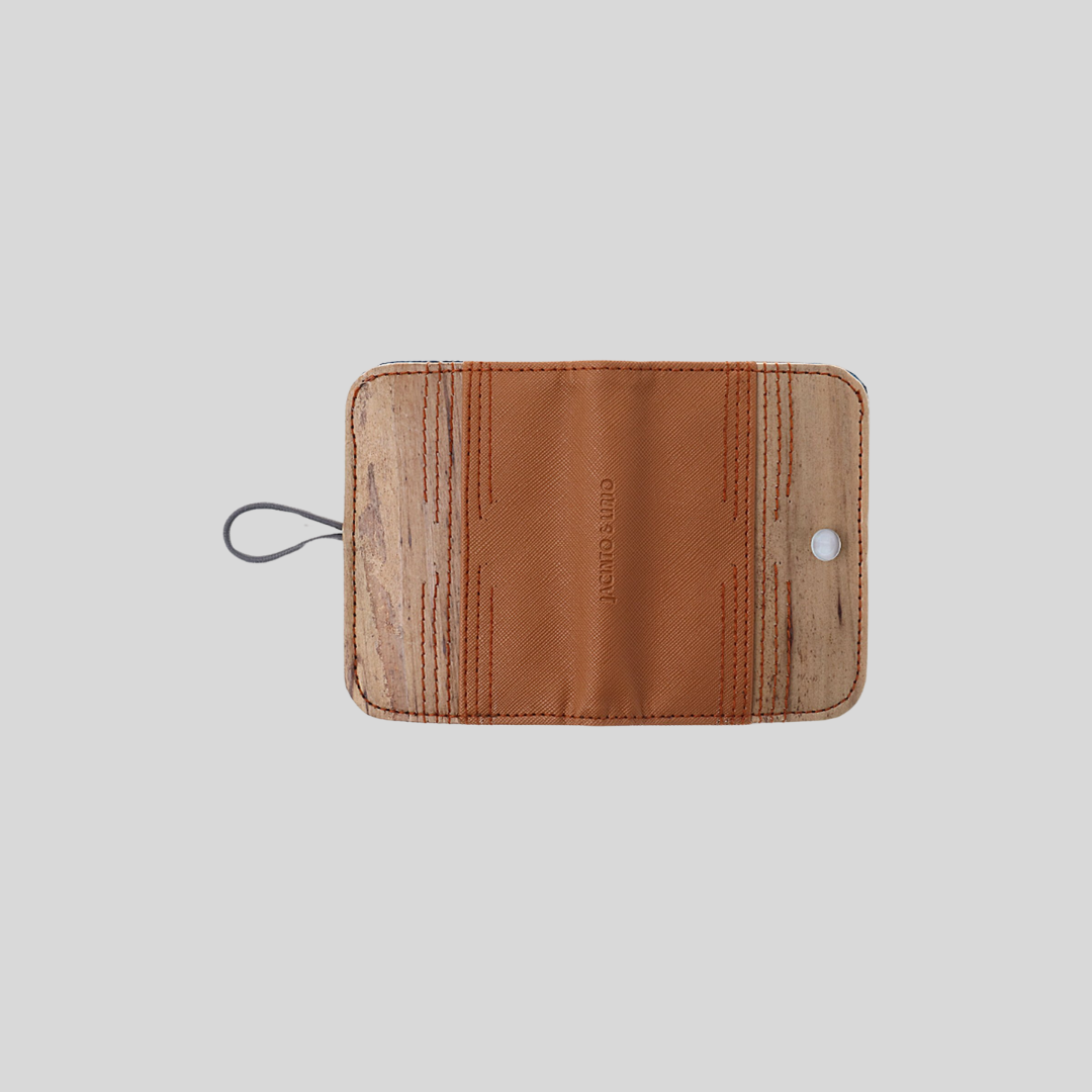 The exterior of a two-toned brown vegan leather card wallet.