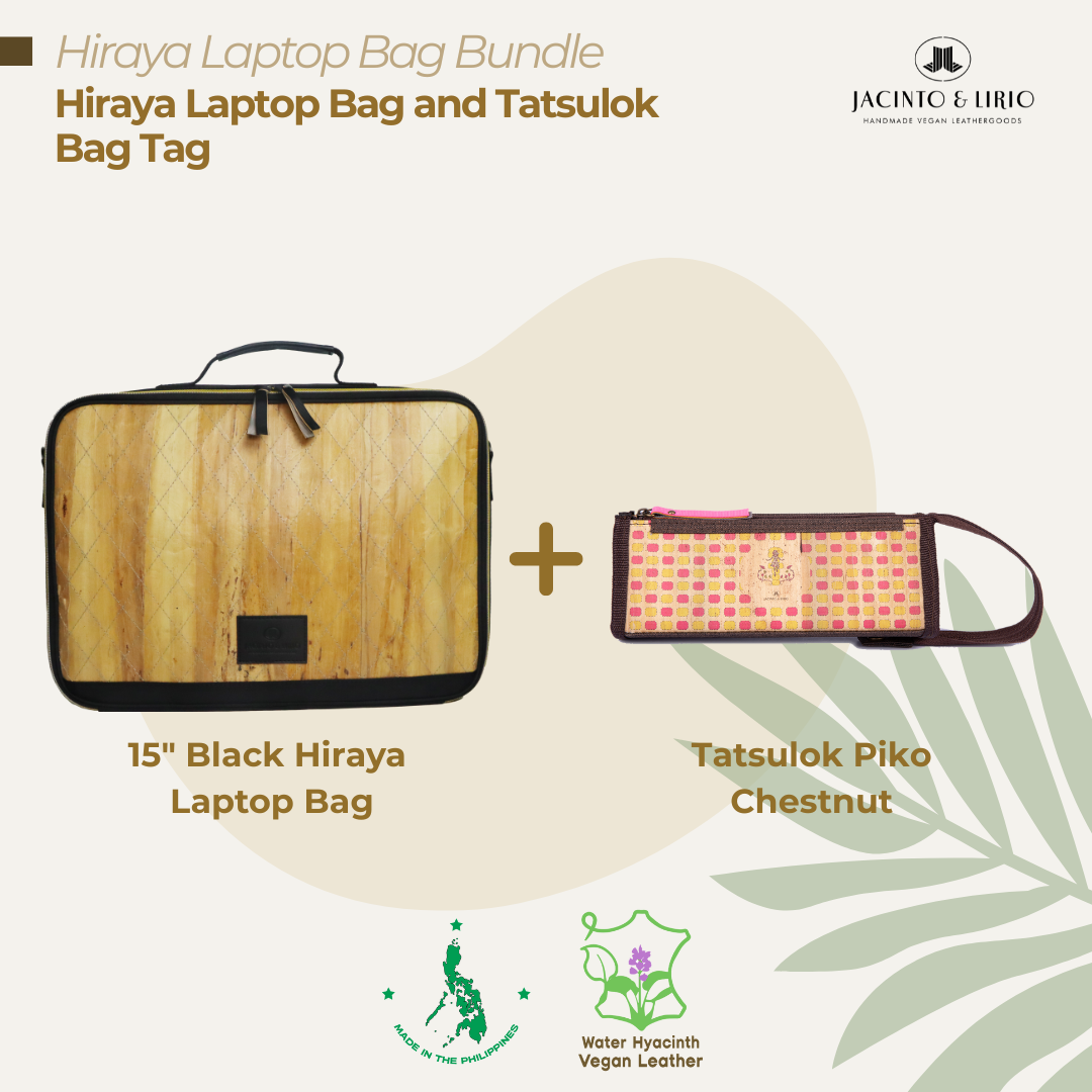 A bundle comprised of a 15" Black Hiraya laptop bag and a Tatsulok vegan leather bag tag in Piko Chestnut.