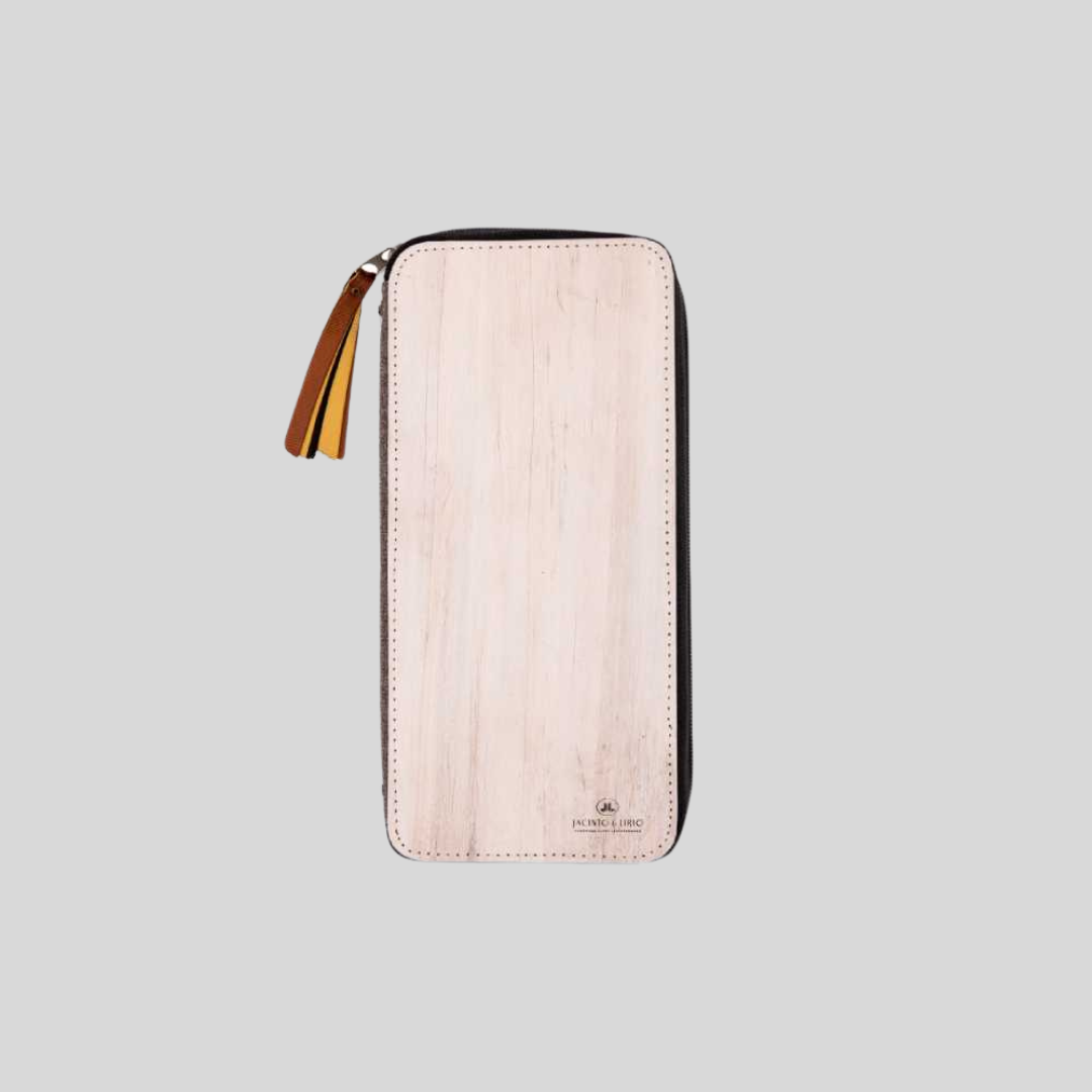 A cream colored vegan leather wallet