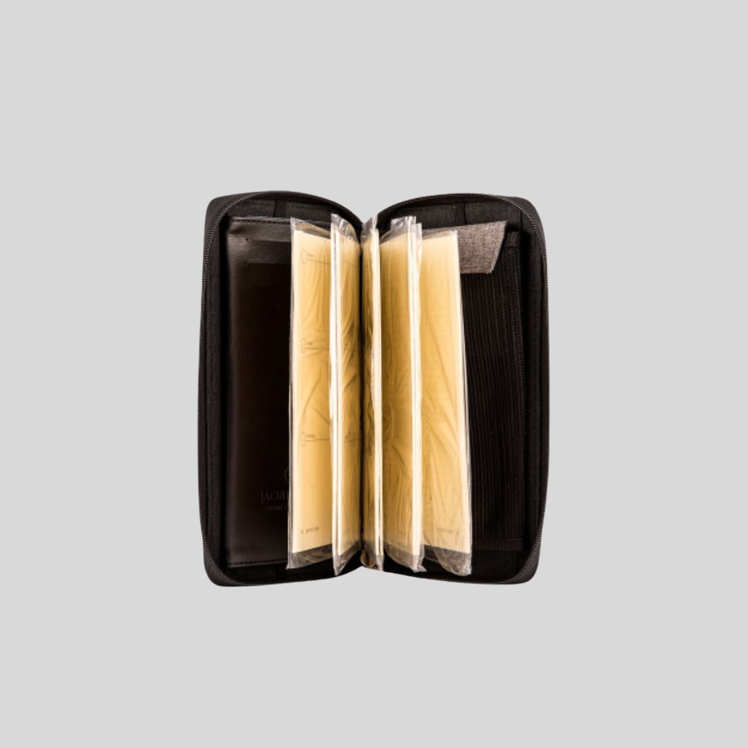 A black zipped multifunction passport holder, notebook, and pencil case in one.