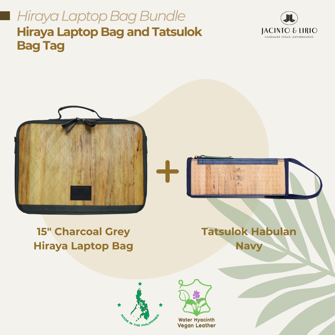 A bundle comprised of a 15" Charcoal Grey Hiraya laptop bag and a Tatsulok vegan leather bag tag in Habulan Navy.