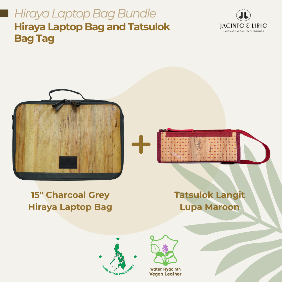 A bundle comprised of a 15" Charcoal Grey Hiraya laptop bag and a Tatsulok vegan leather bag tag in Langit Lupa Maroon.