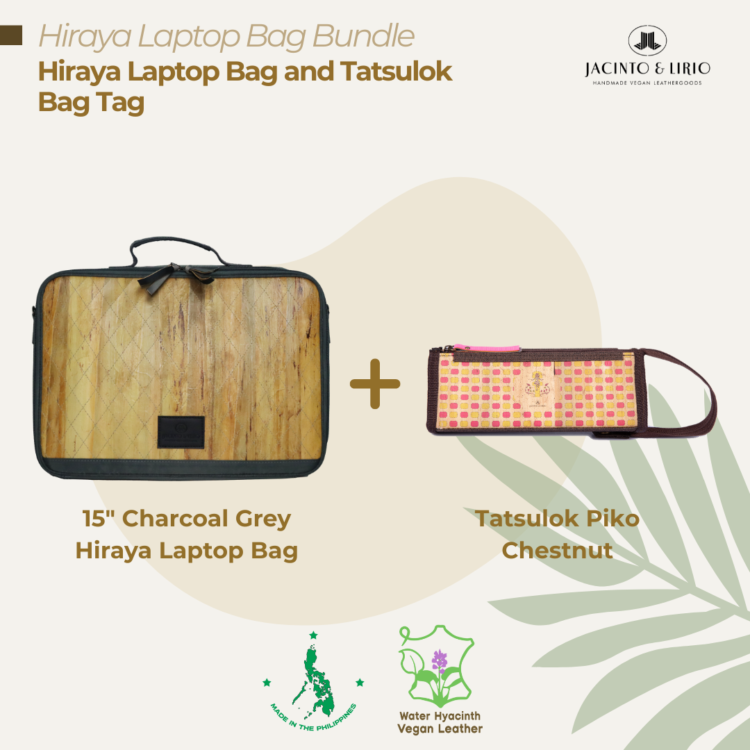 A bundle comprised of a 15" Charcoal Grey Hiraya laptop bag and a Tatsulok vegan leather bag tag in Piko Chestnut.